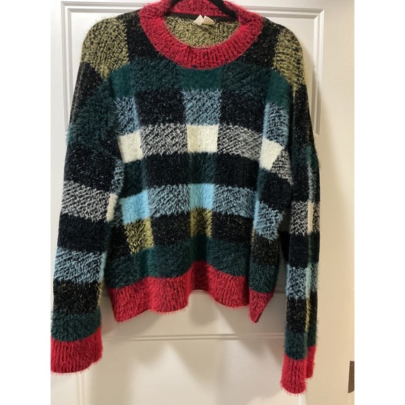 Moth Sweaters - Anthropologie Moth Eyelash Knit Sweater Womens XL Multicolor Plaid Crewneck Fuzy